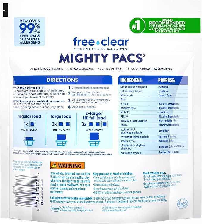 all Mighty Laundry Detergent Pacs, Free Clear for Sensitive Skin, Unscented and No Dye, 39 Count (Pack of 2)
