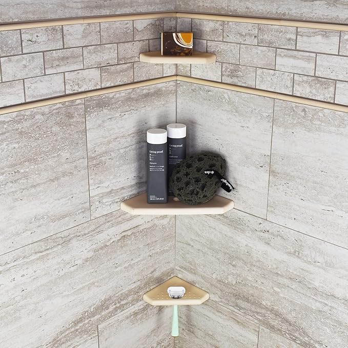 Questech 10" Corner Shower Shelf, Retrofit Shower Organizer for Tiled Walls, Corner Caddy Soap Dish Bathroom Storage, Geo Flatback, Sand Matte