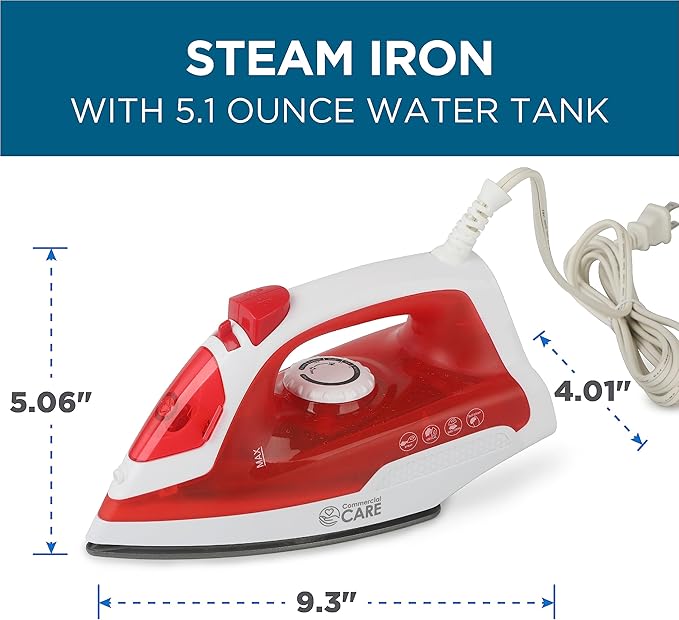 Steam Iron, 1200 Watt Portable Iron, Self-Cleaning Steamer for Clothes with Nonstick Soleplate, Red