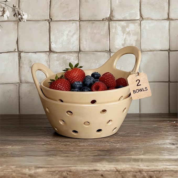 Ceramic Berry Basket Colander Strainer Set of 2 with Comfort Handles for Washing and Serving Fruits (Beige)