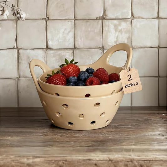 Ceramic Berry Basket Colander Strainer Set of 2 with Comfort Handles for Washing and Serving Fruits (Beige)