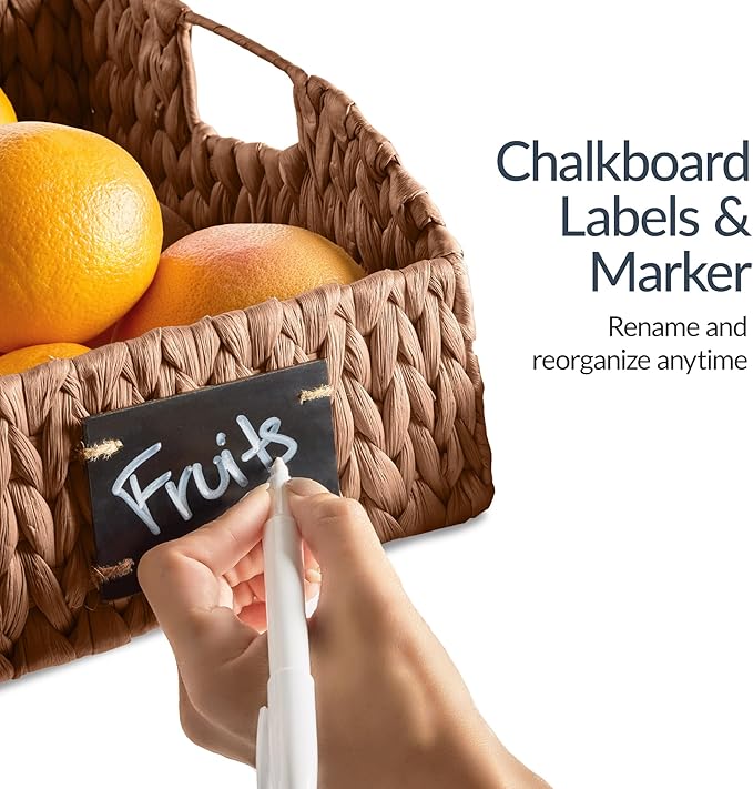 Best Choice Products Natural Hyacinth Angled Pantry Storage Baskets, Woven Wicker Storage Bins w/Handles, Storage Container Baskets for Shelves, Chalkboard Label & Marker (Pack of 2) - Chestnut