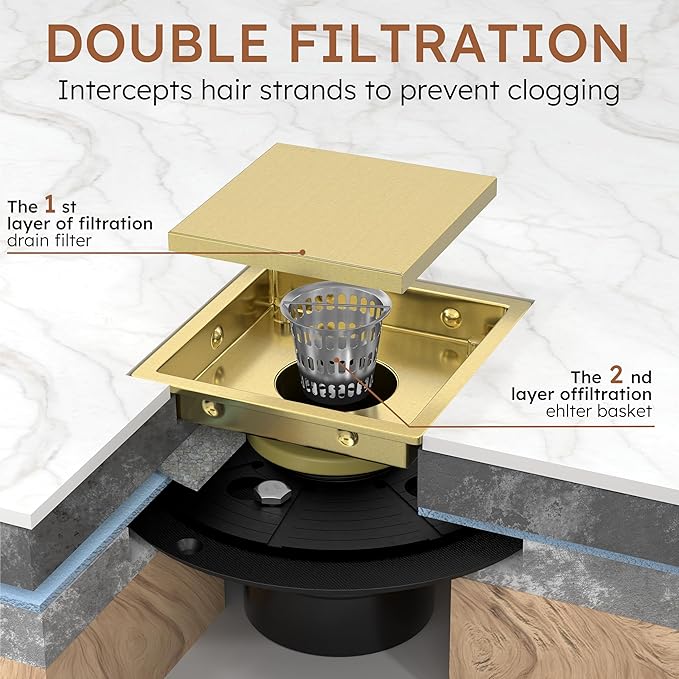 4 Inch Gold Square Shower Drain Kit with Flange,Modern Floor Drain with 2-in-1 Cover Tiled Insert Grate,Stainless Steel SUS 304
