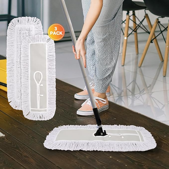 24 Inch Dust Mop Head: Replacement Medium Washable Commercial Mop Head Sweeper and Janitorial Replacement with Botton (White - 24 Inch, 3 Pack, Botton)