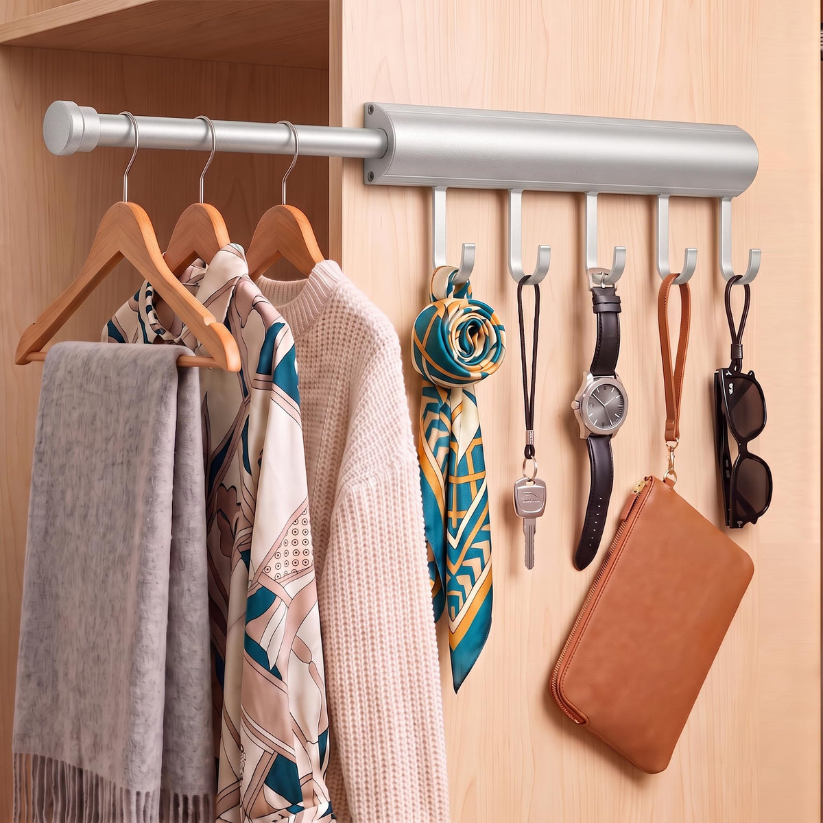Valet Rod for Closet, 12" Pull Out Retractable with 5 - Image 1