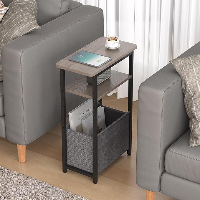 Narrow Side Table Set of 2, Skinny End Tables with Fabric Basket, Small Side Tables for Small Space,2-Tier Open Shelves with Basket, Slim Nightstands Set 2 for Bedroom,Livinroom,Office, Grey