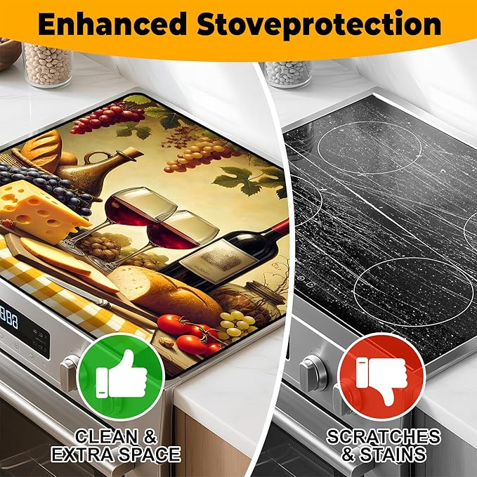 Wine and Food Stove Top Cover Retro Flower Gas Stove Top Cover for Home Decoration Kitchen Pad Non-Stick Washable Cooktop Covers Countertop Protector Keep Stove Clean 28"x20"