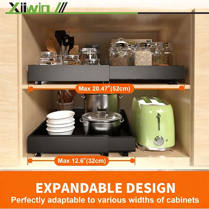 Pull out Cabinet Organizer 21" Depth (12.6-20.5 inch Width) Slide Roll Out Drawers Expandable Adjustable Shelves for Kitchen Bathroom Pantry Adhesive Nano Film 3 Slide Rails Black, 2pcs
