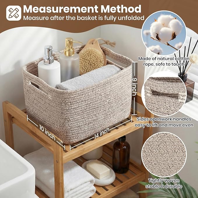 Storage Baskets for Organizing, 14 x 10 x 9” Closet Shelf Woven Baskets, Square Bins with Handles, Cotton Rope Basket for Toys, Clothes, Office, Room, Brown 4 Pack