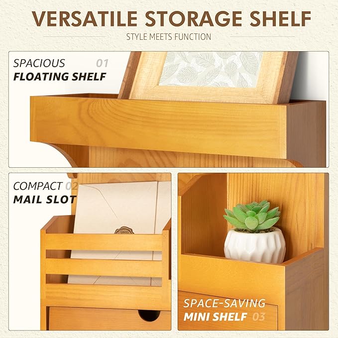 Modern Farmhouse Key Holder Wall Mount with Drawer Organizer – Pine Wooden Mail and Key Organizer with 6 Durable Hooks & Floating Wall Shelf – Ideal for Brightening Up Your Home Decor (Light Brown)