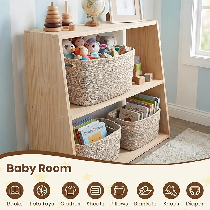 Storage Baskets for Organizing, 14 x 10 x 9” Closet Shelf Woven Baskets, Square Bins with Handles, Cotton Rope Basket for Toys, Clothes, Office, Room, Brown 3 Pack