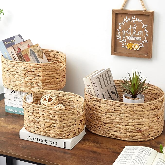 Vagusicc Wicker Basket, 3-Pack Hand-Woven Water Hyacinth Wicker Storage Basket with Handles, Large Woven Storage Baskets for Shelves, Round Storage Baskets for Organizing & Decor