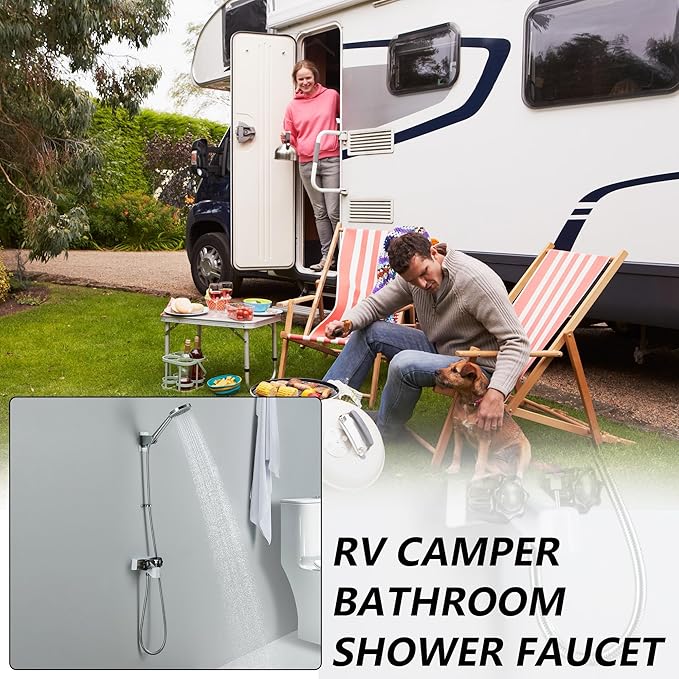 4" RV Shower Faucet with Hose and 5-Spray Modes Shower Head, ABS RV Tub Faucet with Shower Diverter, Outdoor Shower Kit Fits for RV, Campers, Travel Trailer, Motorhome