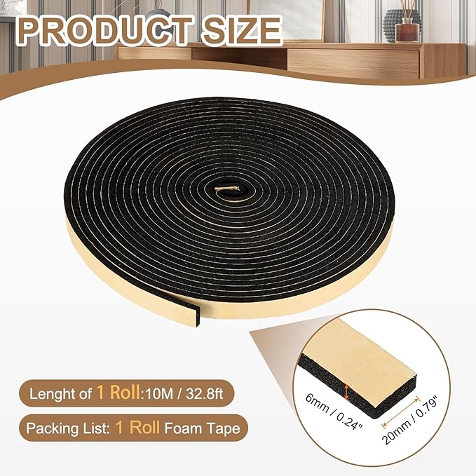 PATIKIL Foam Insulation Tape, 3/4" W x 1/4" t x 32.8FT Self Adhesive Weather Stripping Door Seal Strip for Door Window Air Conditioning, Black