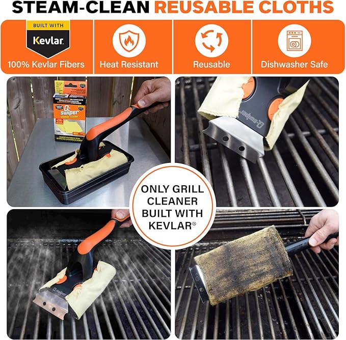 Q-Swiper XL Steam-Clean Grill Cleaning Value Set | Bristle-Free Brush with Scraper | Dipping Tray, 4 Kevlar® Heat Resistant Cleaning Cloths | Safe Way to Steam Away BBQ Grill Grease & Grime
