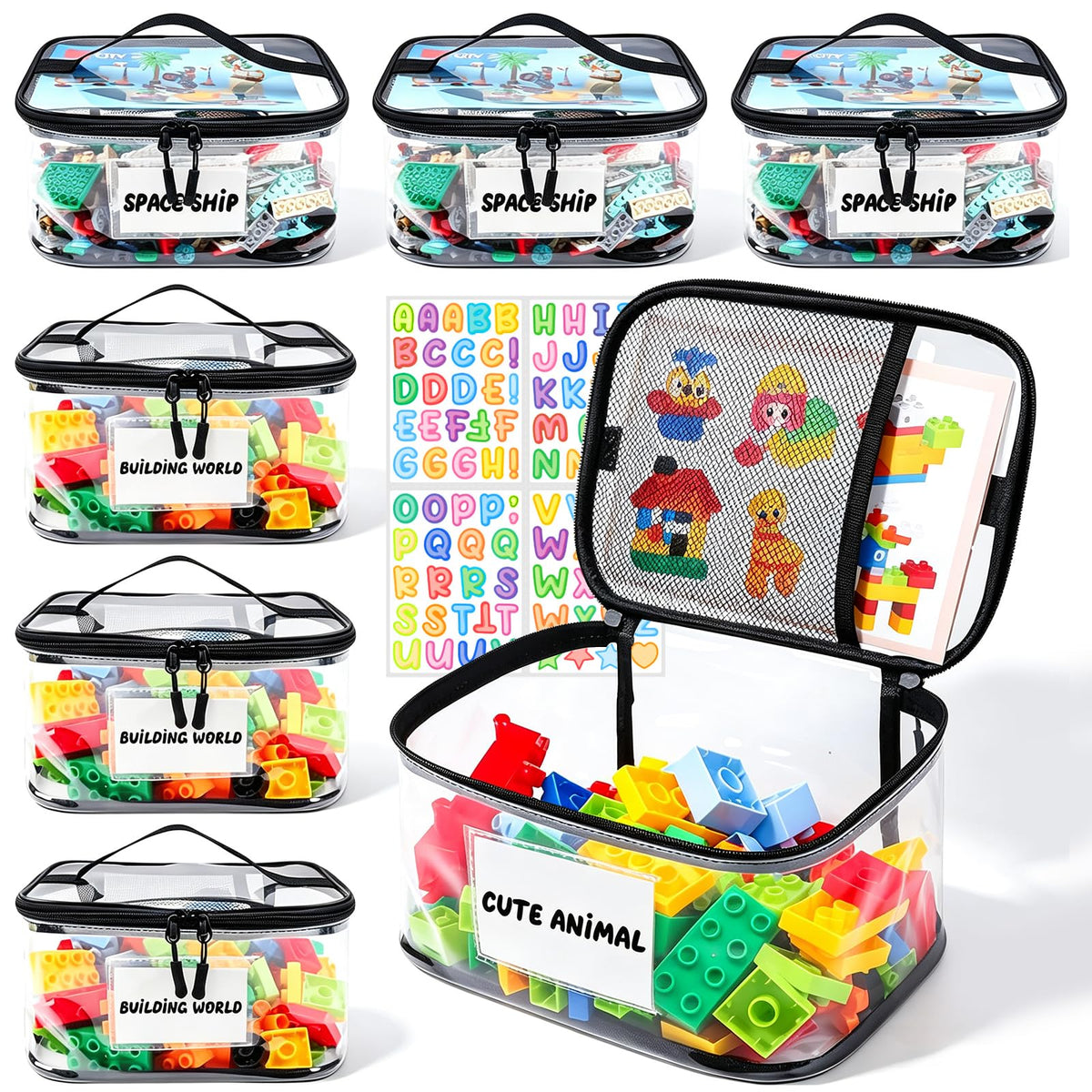 6 Pack Clear Toy Storage Bag with Name Tag& Manual Pocket - Image 1