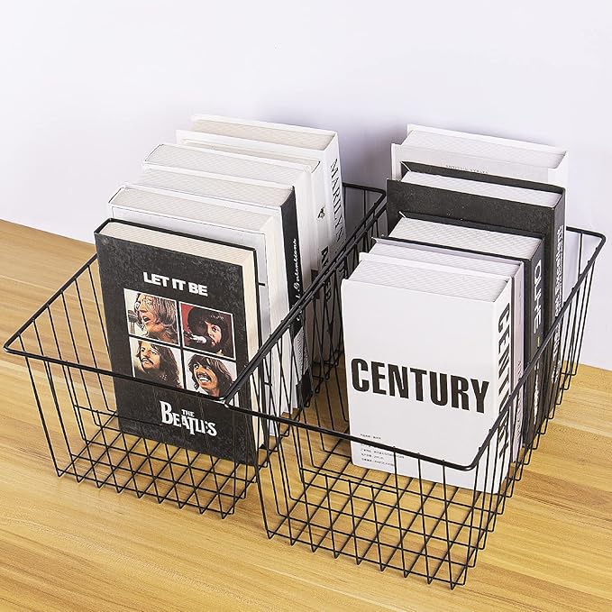 16" L x 12" W Wider Freezer Storage Organizer Baskets Container, Deep Metal Wire Chest Upright Refrigerator Divider Bins with Built-in Handles for Cabinet, Pantry, Kitchen, Black