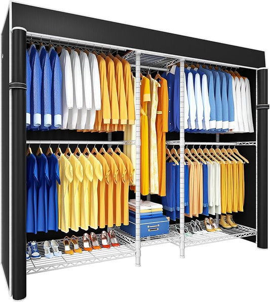 Ulif E12C Pro Heavy Duty Closet Organizer System，Freestanding Clothing Racks for Hanging Clothes，Adjustable Garment Rack 71"W x 16"D x 76.5"H Hold 960lbs，White Clothing Rack with Black Dustproof Cover