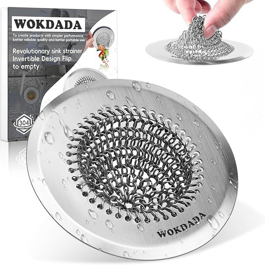 Revolutionary Kitchen Sink Drain Strainer/Patented Reversible Chain Mesh, Effortless Cleaning & Debris Catcher, Large Capacity, No Clog, 304 Stainless Steel & Rust-Proof/Handmade