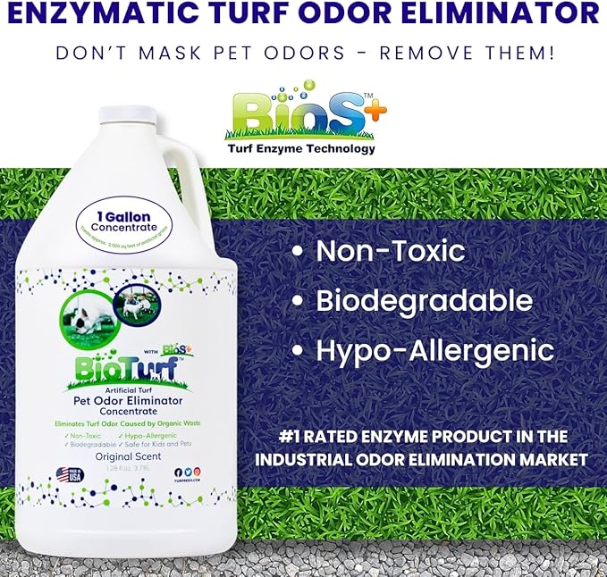 BioTurf BioS+ Odor Eliminator Concentrate Kit – Artificial Turf Cleaner for Dog Urine & Feces – Outdoor Yard Deodorizer Enzyme – Includes 1 Gallon, 32oz Spray Bottle & Hose Attachment
