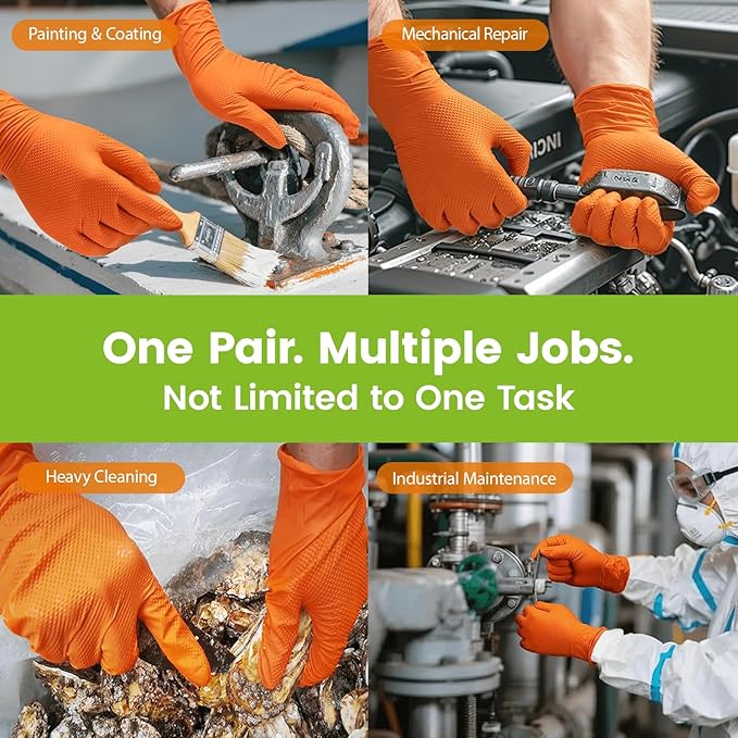 TREEGO Orange Nitrile Gloves 10 Mil Disposable Rubber Mechanic Gloves, Heavy Duty Diamond Grip for Automotive, Latex Free Industrial Work Gloves, 100 Count Large
