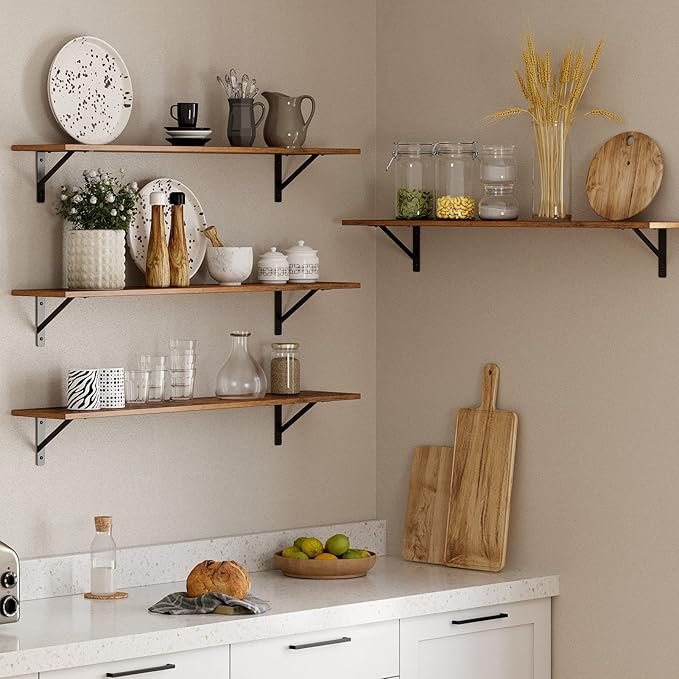 Wall Shelves Set of 2 — 39" Rustic Brown with Metal Brackets