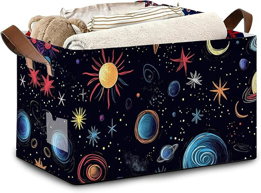 Celestial Planet Collapsible Storage Box,Sun Star Organizer Bin with Handles for Room Decoration,Bins Book Basket Box 17x11.5x10Inch