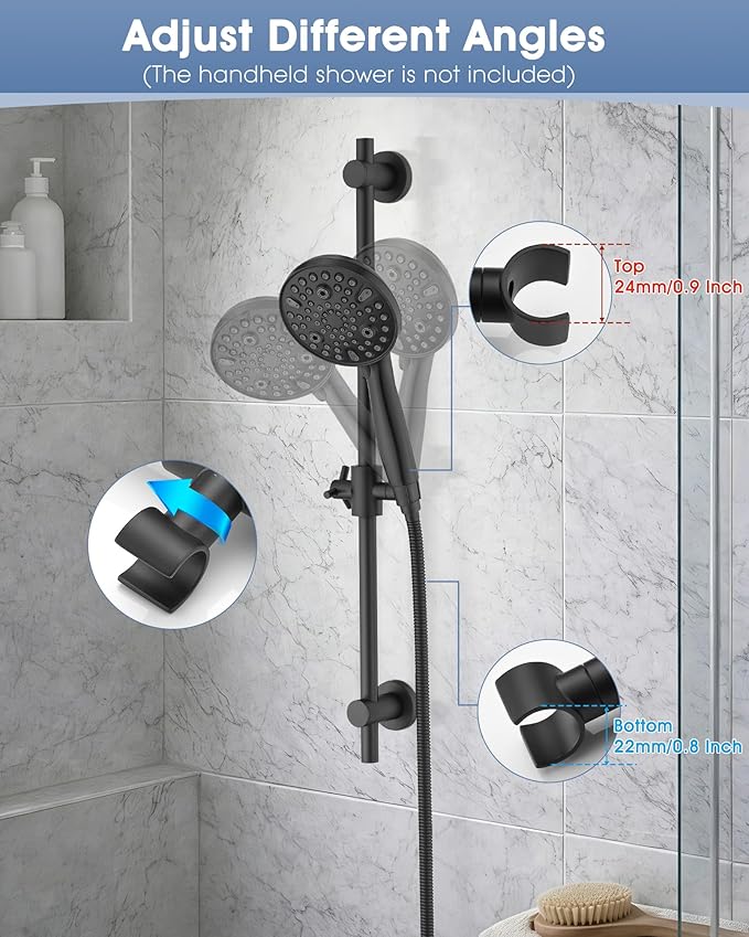 Shower Slide Bar with Adjustable Handheld Shower Head Holder, 25 Inch SUS304 Stainless Steel Shower Rail, Replacement for RV, Camper, Hotel & Bathroom, Polished Matte Black