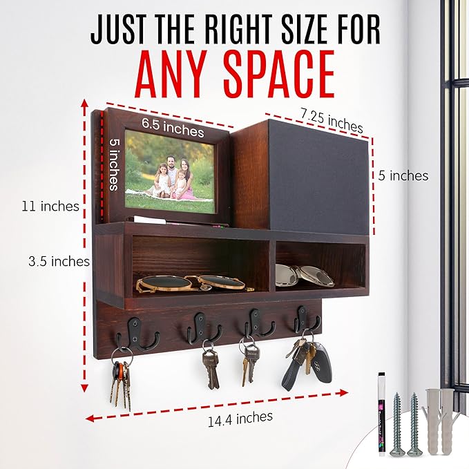 Spacelog Key and Mail Holder for Wall with Chalkboard – Magnetic Photo Frame Key Holder Wall Mount, Dark Walnut, Dual Storage & Cupboards Mail and Key Organizer for Wall