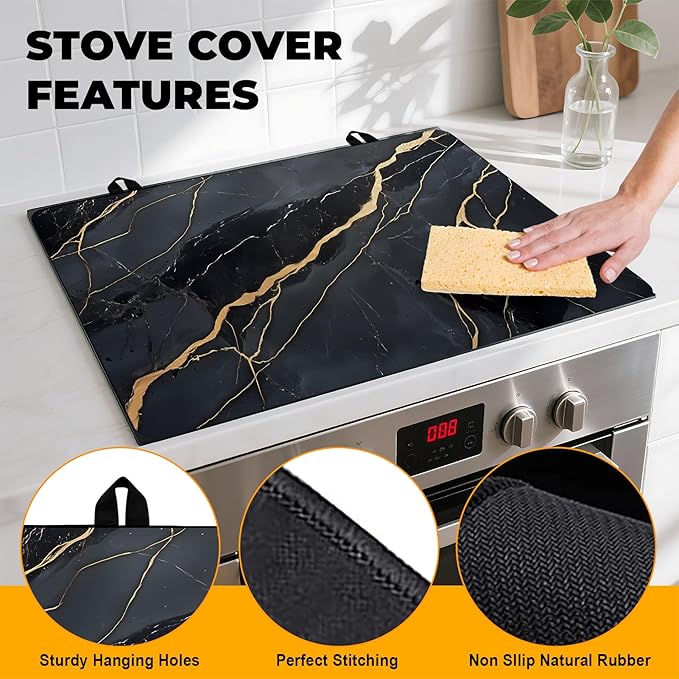 Stove Top Cover Flower Gas Stove Top Cover for Home Decoration Kitchen Pad Non-Stick Washable Cooktop Covers Countertop Protector Keep Stove Clean (Black, 28L"x20W")