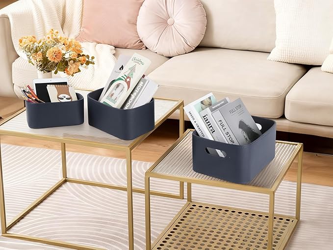 HofferRuffer Faux Leather Storage Baskets Bins with Velvet Lining for Organizing, Storage, Gifts, Set of 3 Nesting Shelf Baskets Decorative Storage Boxes for Home Organization (Blue)