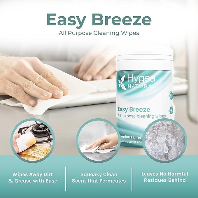 Hygea Natural EasyBreeze All Purpose Cleaning Wipes - Biodegradable Bamboo Wipes for Multi-surface Cleaning - Environmentally Responsible - Luxurious Linen Scented (4 Packs of 50 Each)