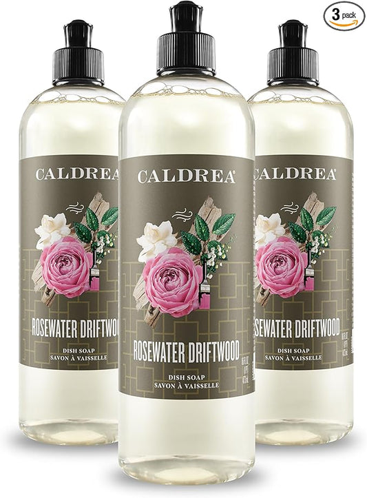 Caldrea Dish Soap, Biodegradable Dishwashing Liquid made with Soap Bark and Aloe Vera, Rosewater Driftwood, 16 oz , 3 Pack