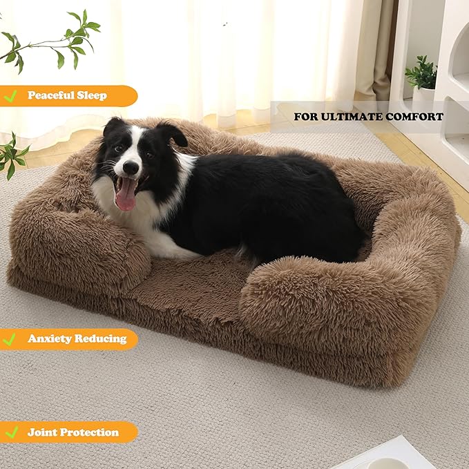 Orthopedic Dog Bed for Medium Dogs - Washable Memory Foam Pet Sofa, Fluffy Plush Rectangular Bed, Waterproof Anti-Anxiety Couch, Khaki, M