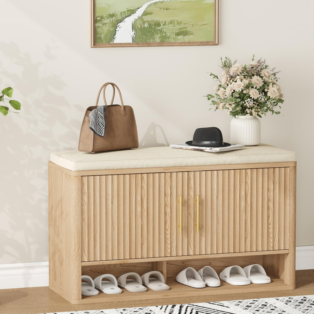 Fluted Shoe Storage Bench, Entryway Bench with Adjustable Shelves - Image 1