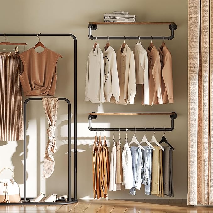 Pipe Clothes Rack, 31.5 in Wall Mounted Garment Rack with Top Shelf, Industrial Clothing Rack with Hanging Rod, Heavy Duty Detachable, Space Saver Hanging Clothes Rack, Rustic Brown FS08BRY1