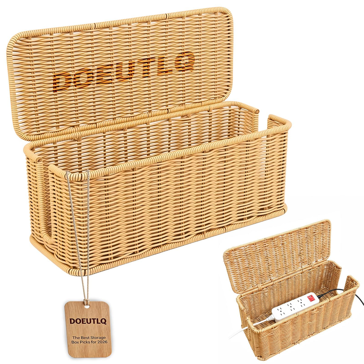 Cord Organizer Woven Cable Management Storage Box with Lid - Image 1