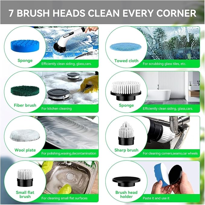 Electric Cleaning Brush Cordless Handheld Shower Scrubber Spin Cleaner Multifunctional Cleaner with 7PCS Heads Bathroom Kitchen(Black and White)