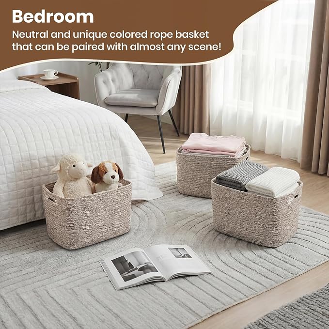 Storage Baskets for Organizing, 14 x 10 x 9” Closet Shelf Woven Baskets, Square Bins with Handles, Cotton Rope Basket for Toys, Clothes, Office, Room, Brown 1 Pack