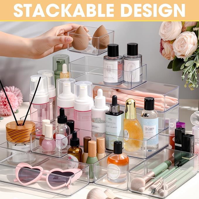18 Pcs Drawer Organizer Stackable 4 Size Makeup Drawer Organizer Trays Acrylic Bathroom Vanity Storage Bins for Cosmetic, Jewelries, Office Supply, Kitchen Utensils(Clear,Glossy)