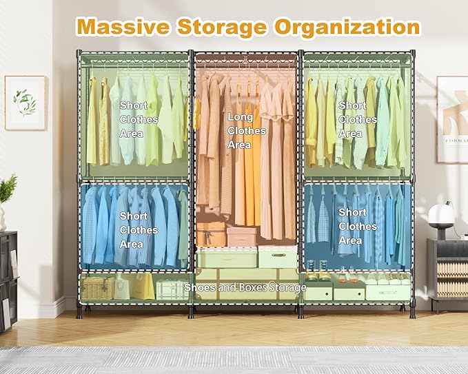 E14C Pro Heavy Duty Closet Organizer System，Freestanding Clothing Racks for Hanging Clothes，Adjustable Garment Rack 70.1"W × 16.6"D × 76.4"H Hold 960 lbs，Black Rack with Black Dustproof Cover