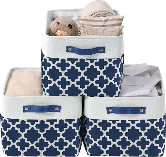 DECOMOMO Blue Storage Bins Fabric Storage Baskets for Shelves, Linen Closet Organization Toys Nursery (Blue Patterns, Large - 3 Pack)