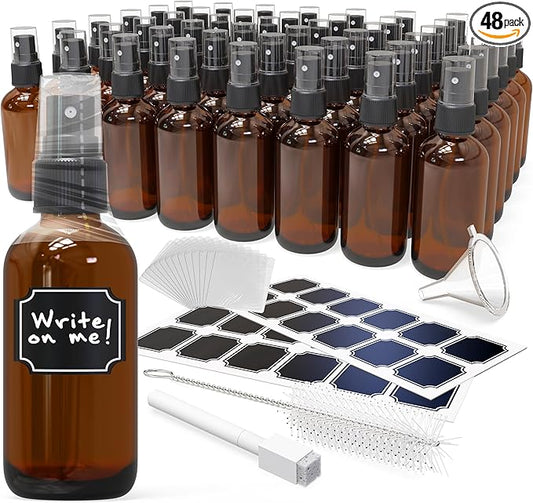 Nevlers 4 Oz Amber Glass Spray Bottles for Cleaning & Refreshment | 48 Pack Amber Glass Bottles | Mist Bottle Sprayer w/Shrink Wrap, Funnel, Brush, Marker & Labels | Small Spray Bottle for Hair & Face