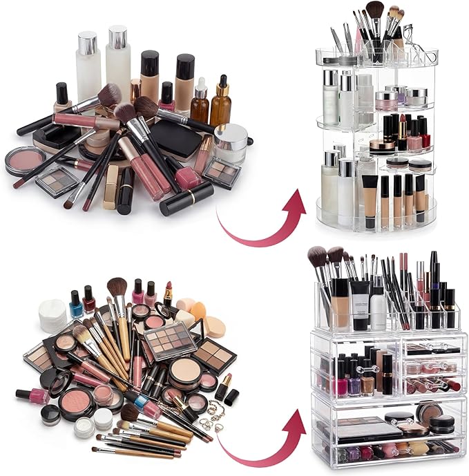 Acrylic Makeup Organizer Set, 360 Rotating Makeup Organizer, Clear Drawer Vanity & Countertop Cosmetic Storage for Brushes, Jewelry, for Vanity, Bathroom, Bedroom, Closet