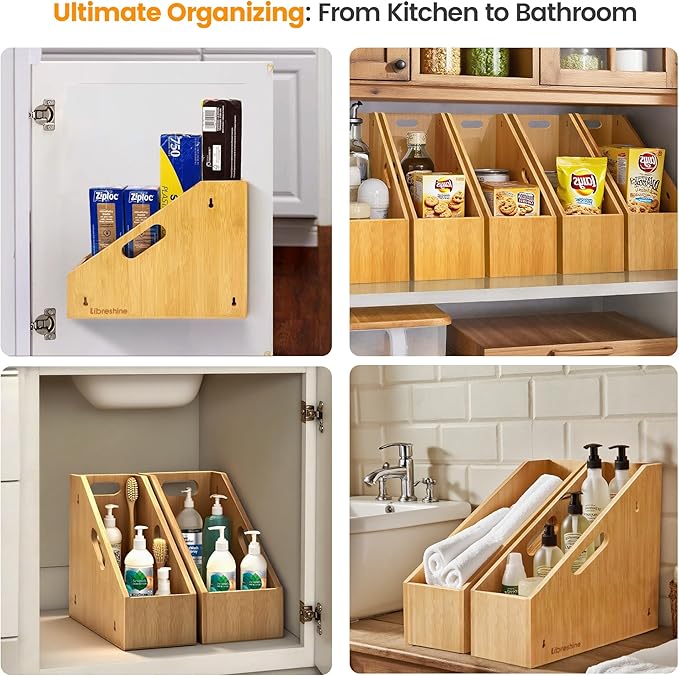 Slim Bamboo Cutting Board Holder & Baking Sheet Organizer, Open-Front Pan & Lid Rack with Handles, Countertop or No-Drill Wall Mount, Kitchen Cabinet & Pantry Organizer