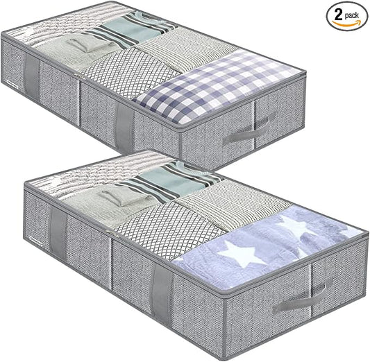 Onlyeasy Breathable Under Bed Storage Bags with 4 Reinforced Handles and Sturdy Side Wall, 2 Pack Eco-friendly Underbed Clothing Blankets Organizer with 2 Strong Zippers, Herringbone Grey, MXRUBBSS2P