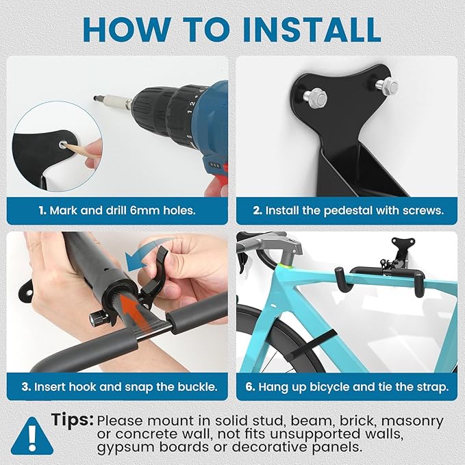 Housolution Bike Wall Mount - [4 Pack] EVA Foam Padded up to 48.5 lbs, Carbon Steel, Valve Mechanism, Heavy-Duty Adjustable Bike Wall Hanger for Road, Mountain and Hybrid Bikes, Garage & Apartment