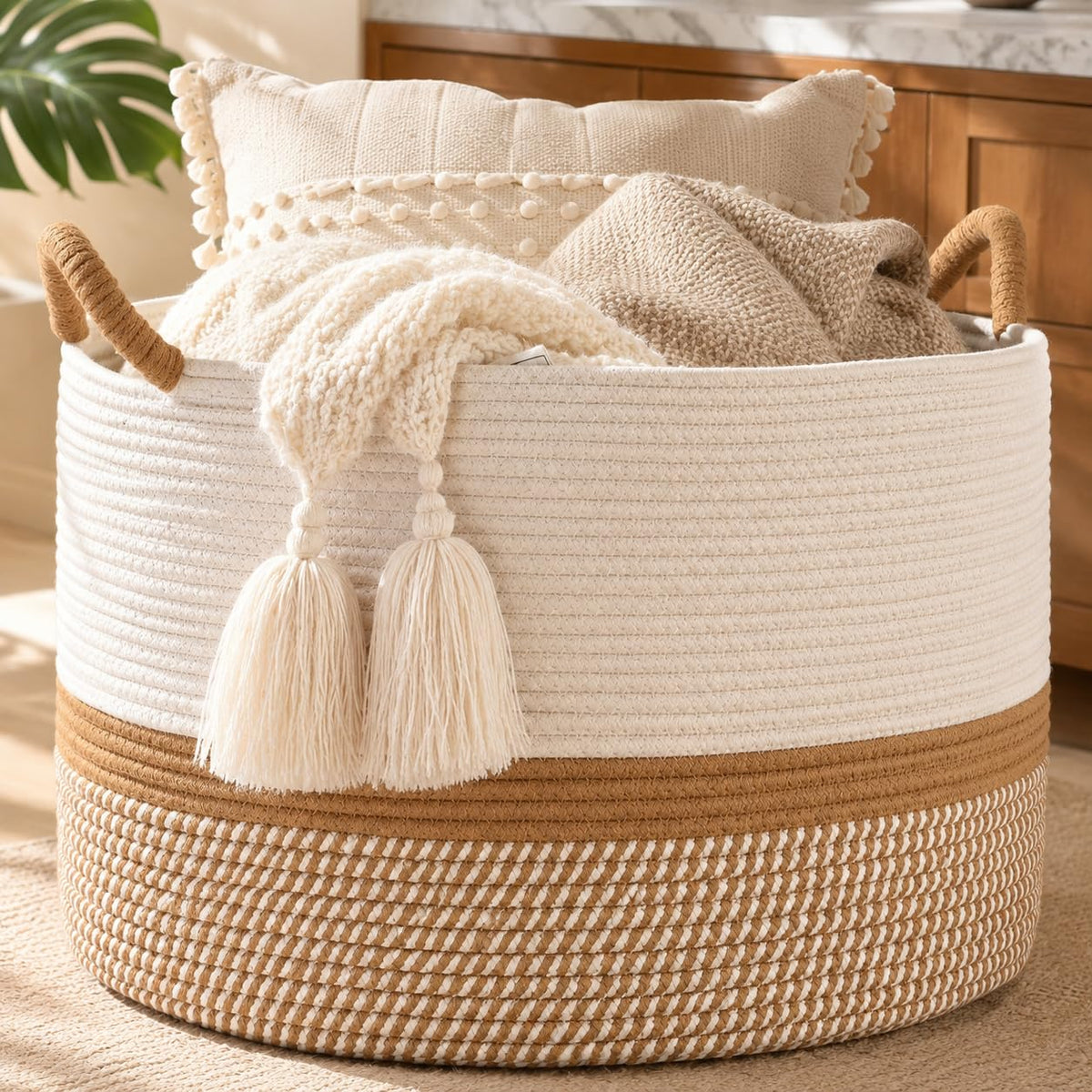 KAKAMAY Large Blanket Basket with Handles, Storage Basket - Image 1