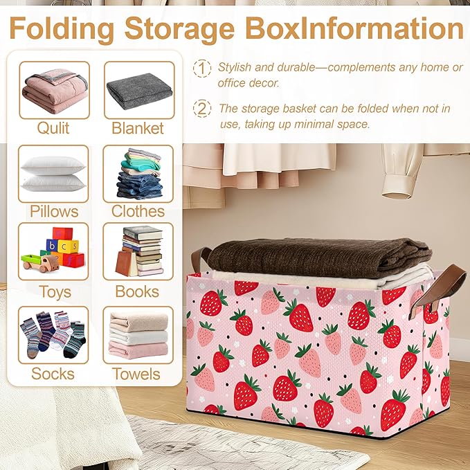 Storage Bin with Handles, Cute Strawberry Collapsible Laundry Baskets for Books, Laundry - Use in Nursery, Closet Organizers and Storage, Blanket Basket