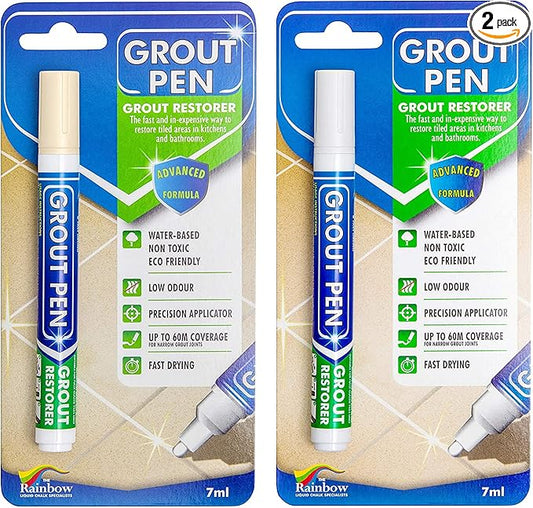 Grout Pen Tile Paint Marker: Waterproof Grout Colorant and Sealer Pen to Renew, Repair, and Refresh Tile Grout - Cleaner Coating Stain Pens - 2 Pack, 5mm Narrow Cream and 5mm Narrow White Tip